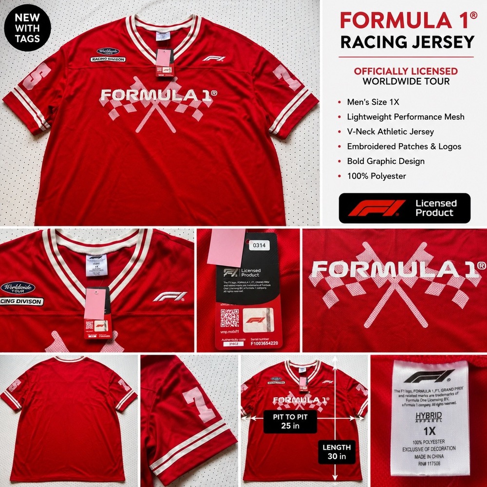 Formula 1 Racing Jersey Red Mens 1X F1 Worldwide Tour Performance Mesh NWT